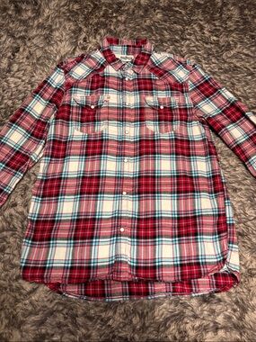 Men's Red Plaid flannel Long-Sleeve Casual Button-Down Shirt